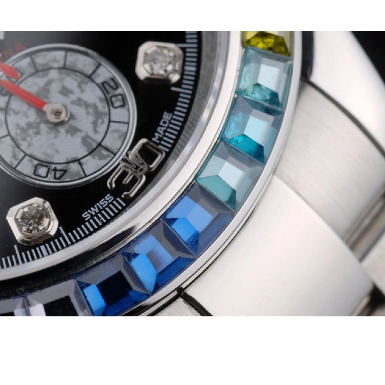 Best AAA Replica Sites Daytona Crystals 80250 Dial Rainbow Rolex Steep Black Strap Stainless Bezel Cosmograph 0704